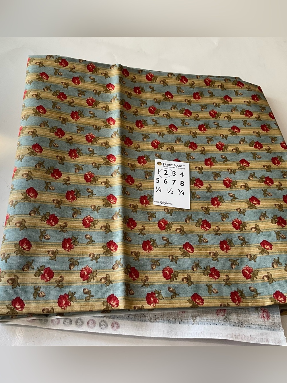 Quilting Moda # 3845 Chocolat Fabric Floral Stripe Blue Beige Red Green Flowers